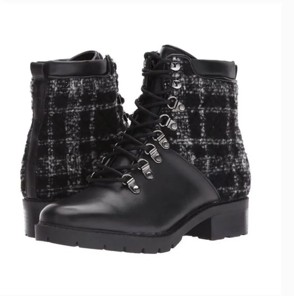 Marc Fisher Lanzia Combat Leather Boots 13 Black NWT Plaid Academia Prep Y2K 90s